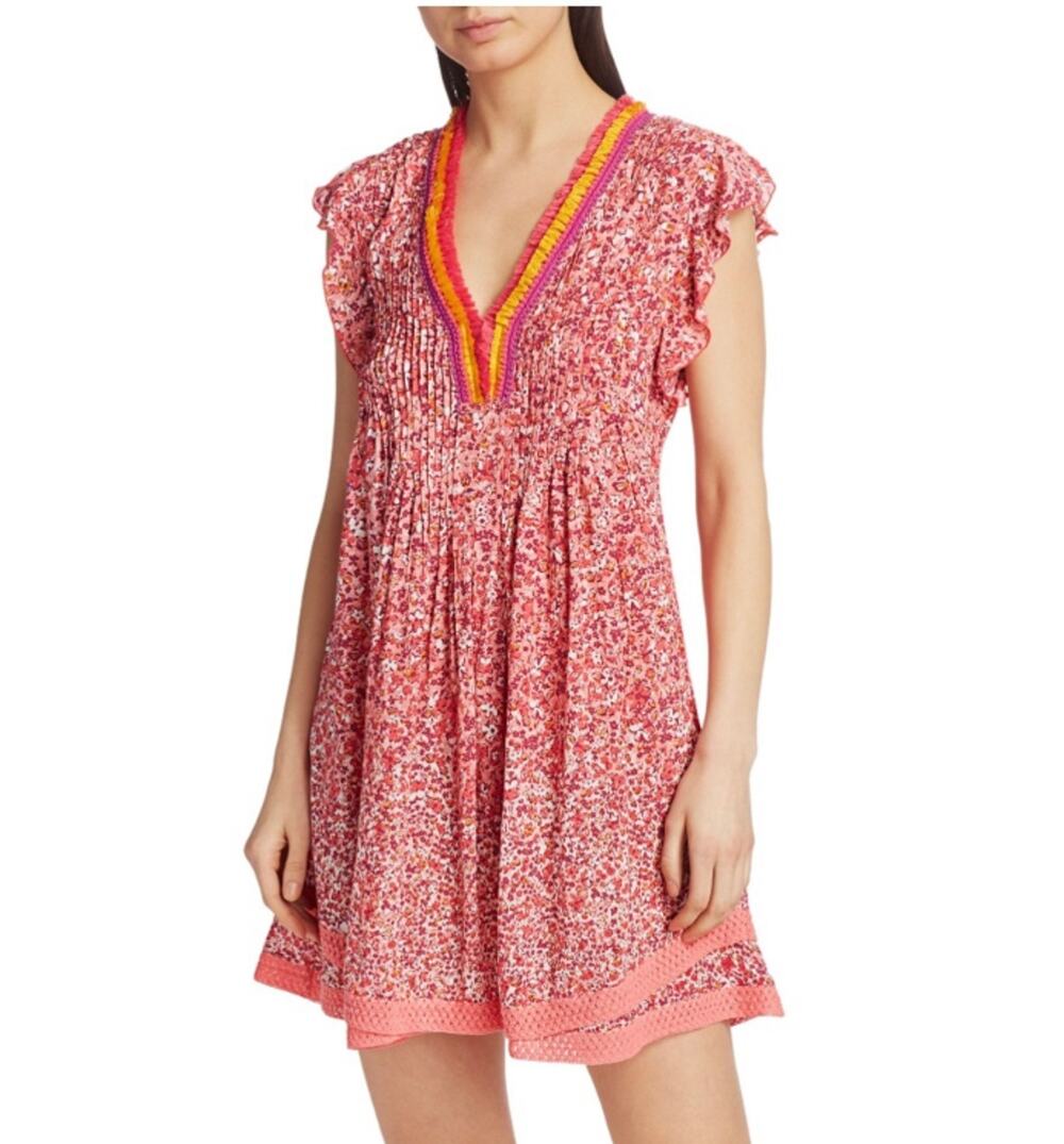 POUPETTE ST BARTH Sasha Floral Mini Dress Cover-Up Lace Fringe Pink Glory XS